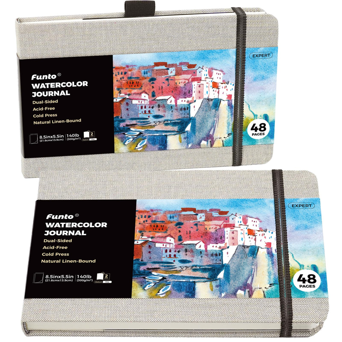 Funto Hardcover Watercolor Journal 2-Pack, 8.5x5.5, 140lb/300gsm Cold Press
