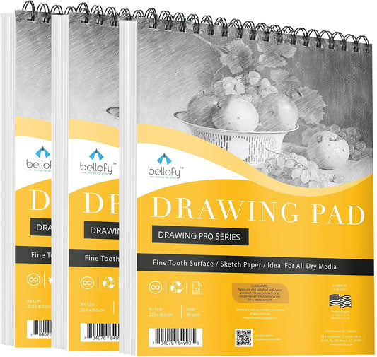 Bellofy 3 x Drawing Paper Pads 9” x 12” | 300 Sheets | 60lbs 85g | Acid Free Sketchbook Paper for Dry Media | Top Spiral Bound Sketchpad for Kids, Beginners, Artists & Professionals