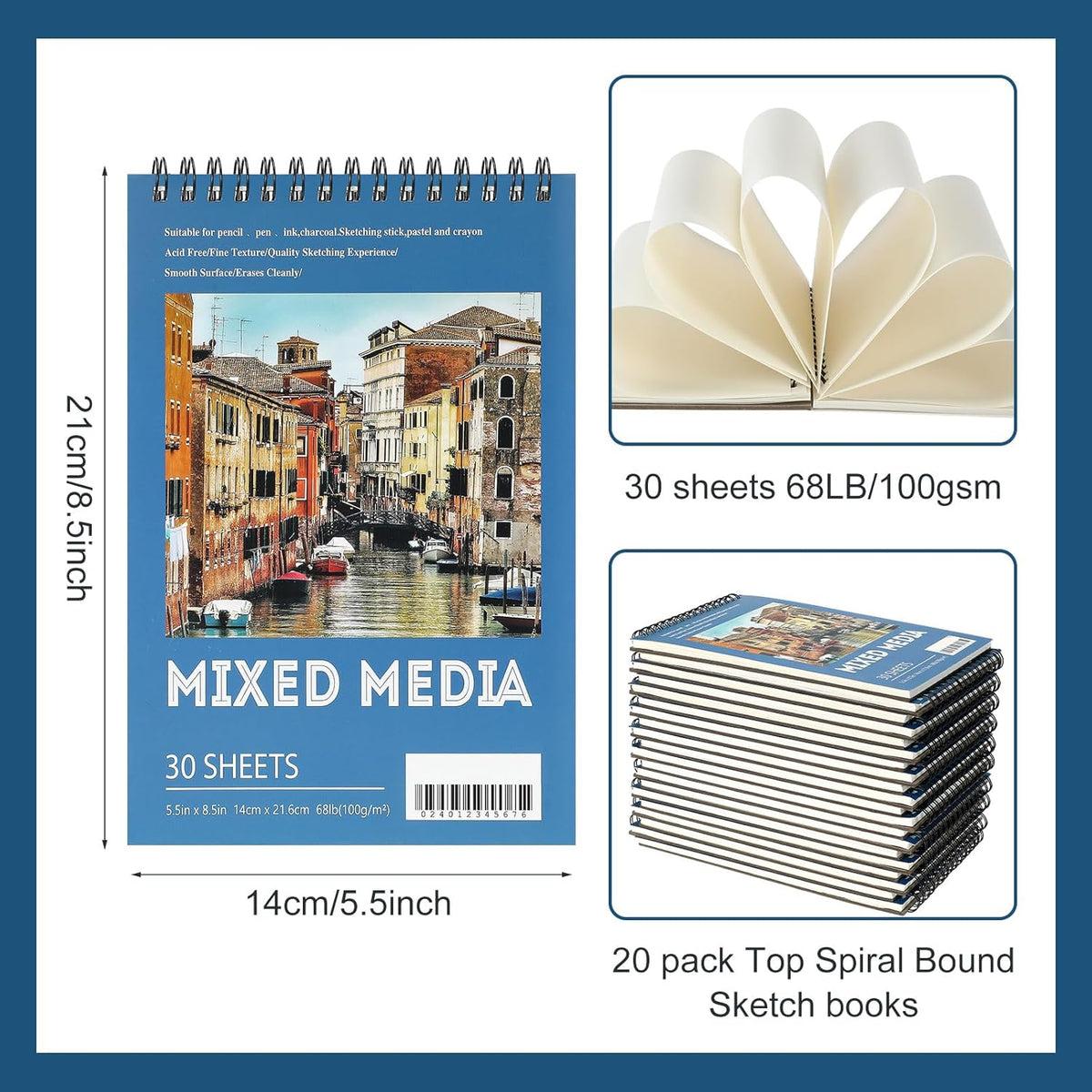 Jexine 20 Pcs Sketch Book Bulk 5.5"x8.5" Top Spiral Bound,Mixed Media