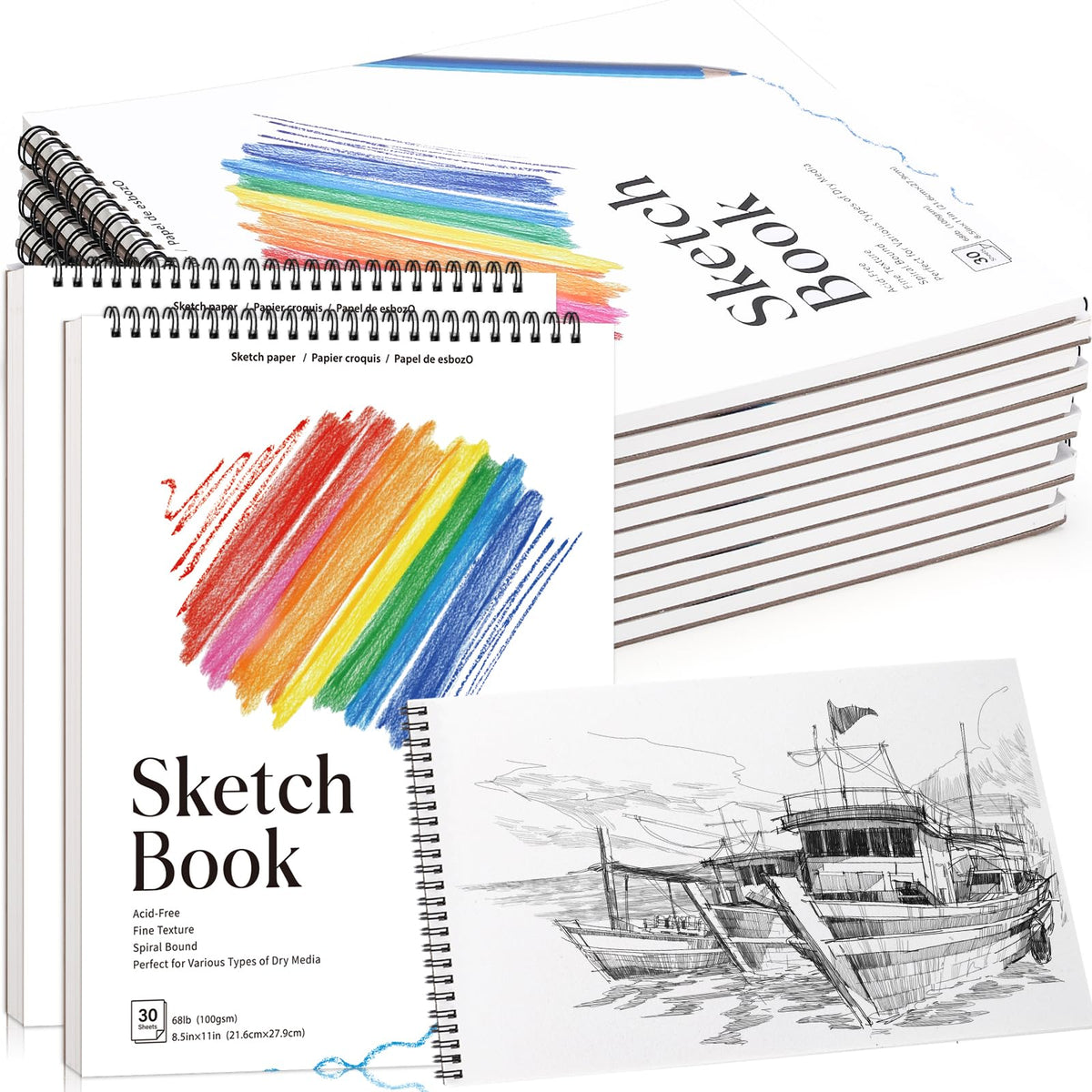 4 Pack Sketch Book for Kids, 8.5 × 11 in, Spiral Bound, 30 Sheets Each