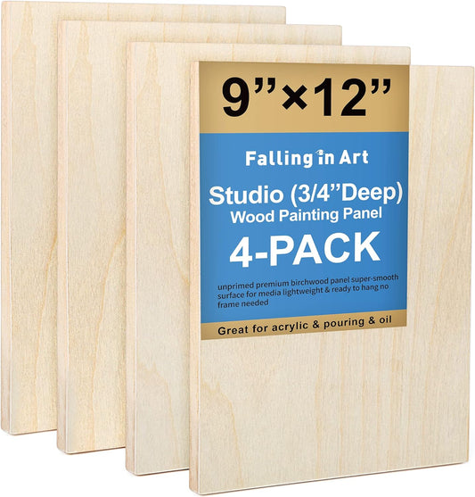 Falling in Art 4 Pack 9x12’’ Unfinished Birch Wood Panels Kit for Painting