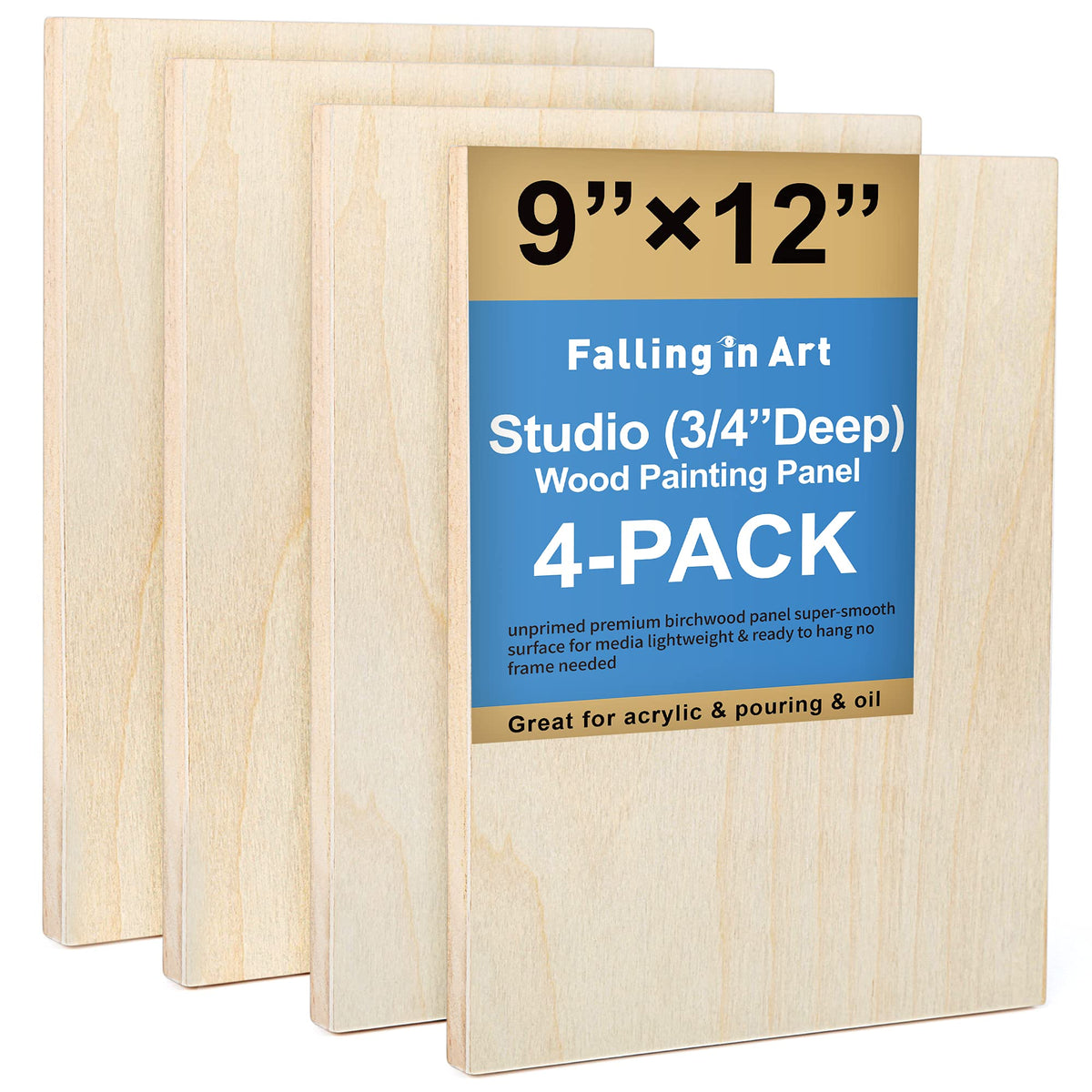 Falling in Art 4 Pack 9x12’’ Unfinished Birch Wood Panels Kit for Painting