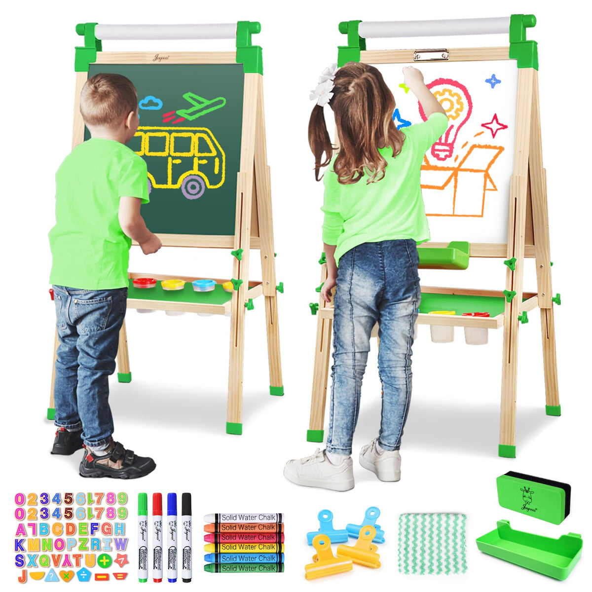 JOYOOSS Kids Wooden Easel with Paper Roll - Adjustable Magnetic Double Sided Drawing Board Whiteboard & Chalkboard Dry Easel Board,Children Art Easel for 3~12 Years Kids Boys Girls Painting Drawing