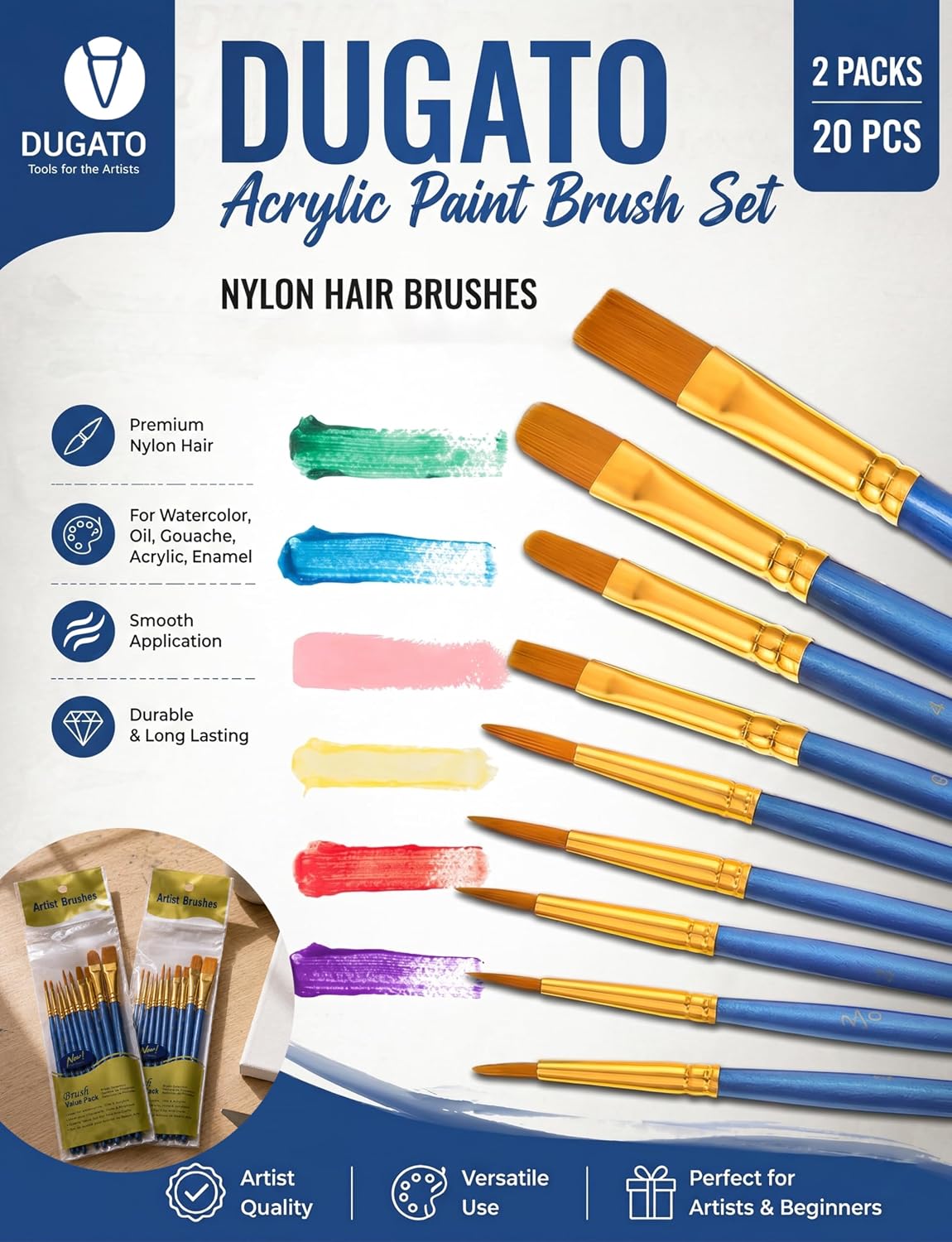 DUGATO Paint Brush & Palette Set, 20 Brushes with 5 Mixing Trays, Blue