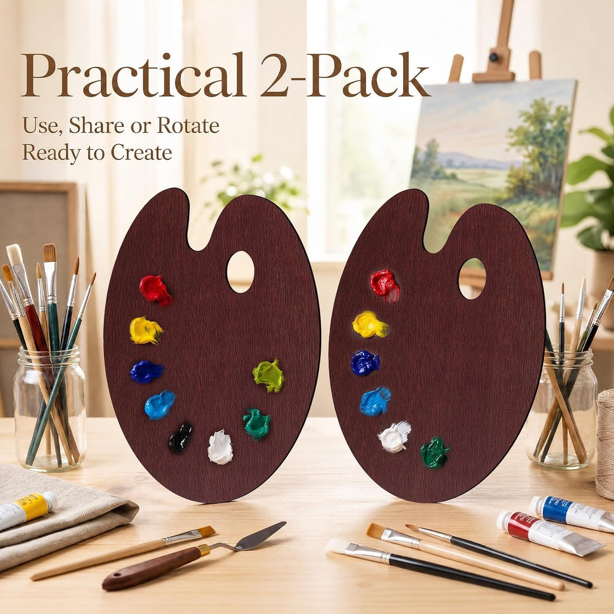 Marspark 2 Pcs Oval Walnut Wooden Paint Palette 16 x 12 Inch Smooth Paint Tray Palettes for Acrylic Double-Sided Glazed Painting Tray for Watercolor Oil Painting DIY Artistic Craft