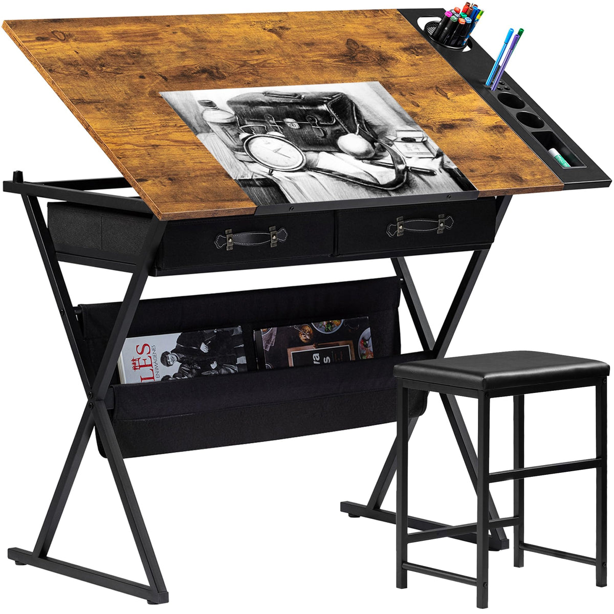 VECELO Drafting Table Art Desk Art Table Adjustable Drawing Table Tilted Tabletop with 2 Storage Drawers and Stool, Drawing Desk for Artist Painters Drawing, Crafting, Reading, Writing, Rustic Brown