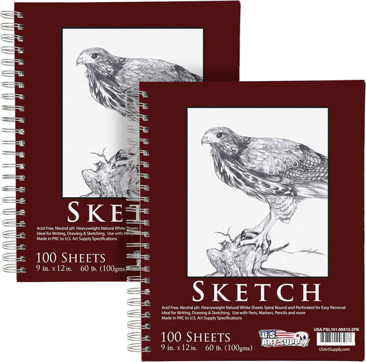 U.S. Art Supply 9"x12" Sketch Book Pad, Spiral Bound 100 Sheets Each,2-Pack