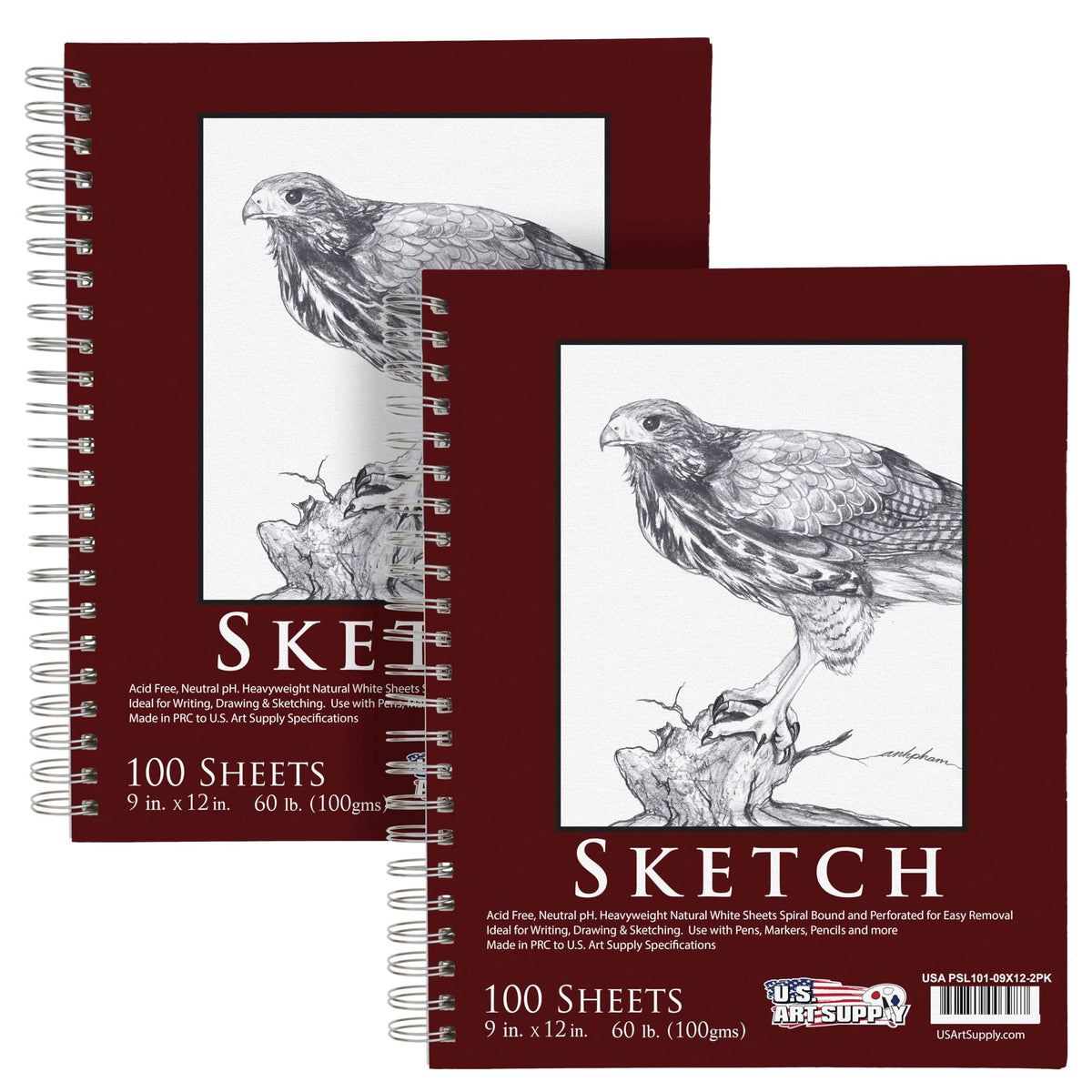 U.S. Art Supply 9"x12" Sketch Book Pad, Spiral Bound 100 Sheets Each,2-Pack