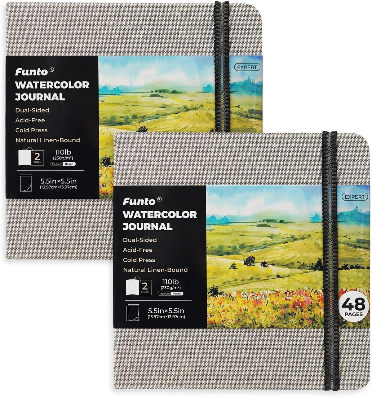 Funto Hardcover Watercolor Journal 2-Pack, 8.5x5.5, 140lb/300gsm Cold Press