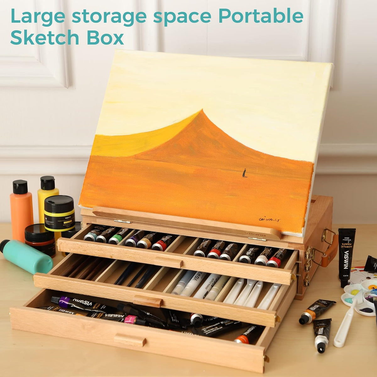 VISWIN Large Tabletop Easel with 3 Storage Drawers, Adjustable Beech Wood Table Top Easel for Painting, Portable Sketch Box for Art Supplies, Desktop Travel Art Easel for Adults, Artists, Students