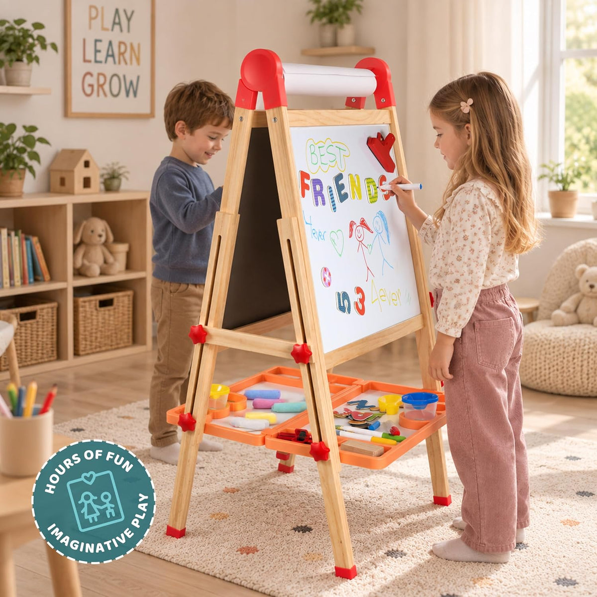 Wooden Art Easel for Kids – Adjustable, Foldable, Chalkboard & Whiteboard