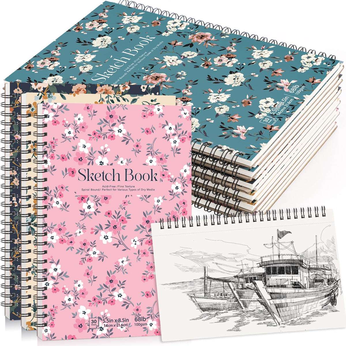 4 Pack Sketch Book for Kids, 8.5 × 11 in, Spiral Bound, 30 Sheets Each