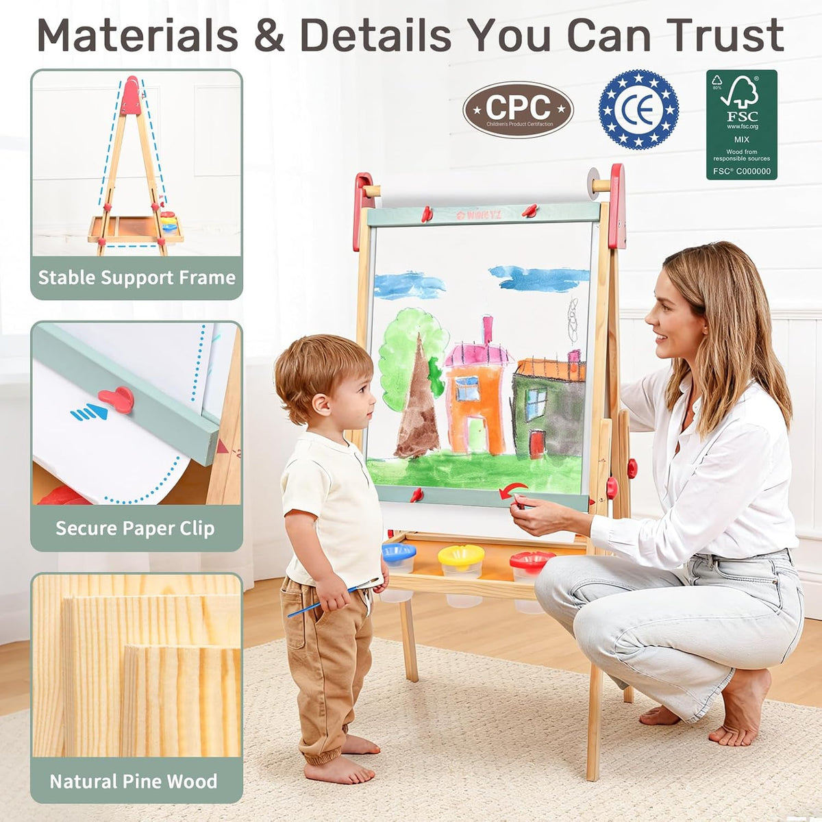 WINGYZ 3-in-1 Art Easel for Kids - Pine Wood Easel for Ages 3-12