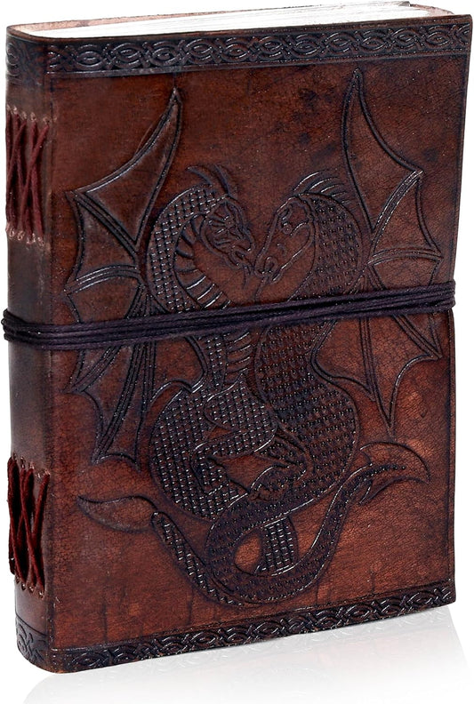 AzureGreen DOUBLE DRAGON Blank Page BOOK Handcrafted Leather Writing Unlined 5 x 7 JOURNAL (Brown)