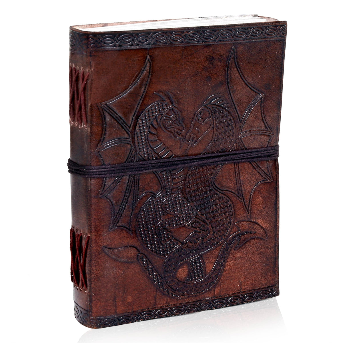 AzureGreen DOUBLE DRAGON Blank Page BOOK Handcrafted Leather Writing Unlined 5 x 7 JOURNAL (Brown)