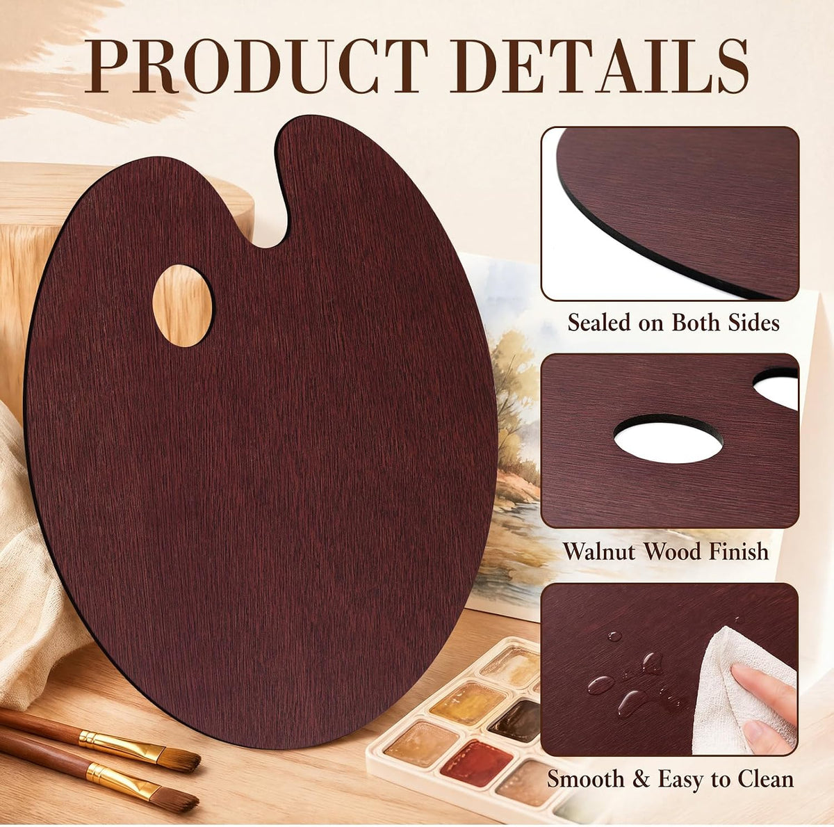 Marspark 2 Pcs Oval Walnut Wooden Paint Palette 16 x 12 Inch Smooth Paint Tray Palettes for Acrylic Double-Sided Glazed Painting Tray for Watercolor Oil Painting DIY Artistic Craft