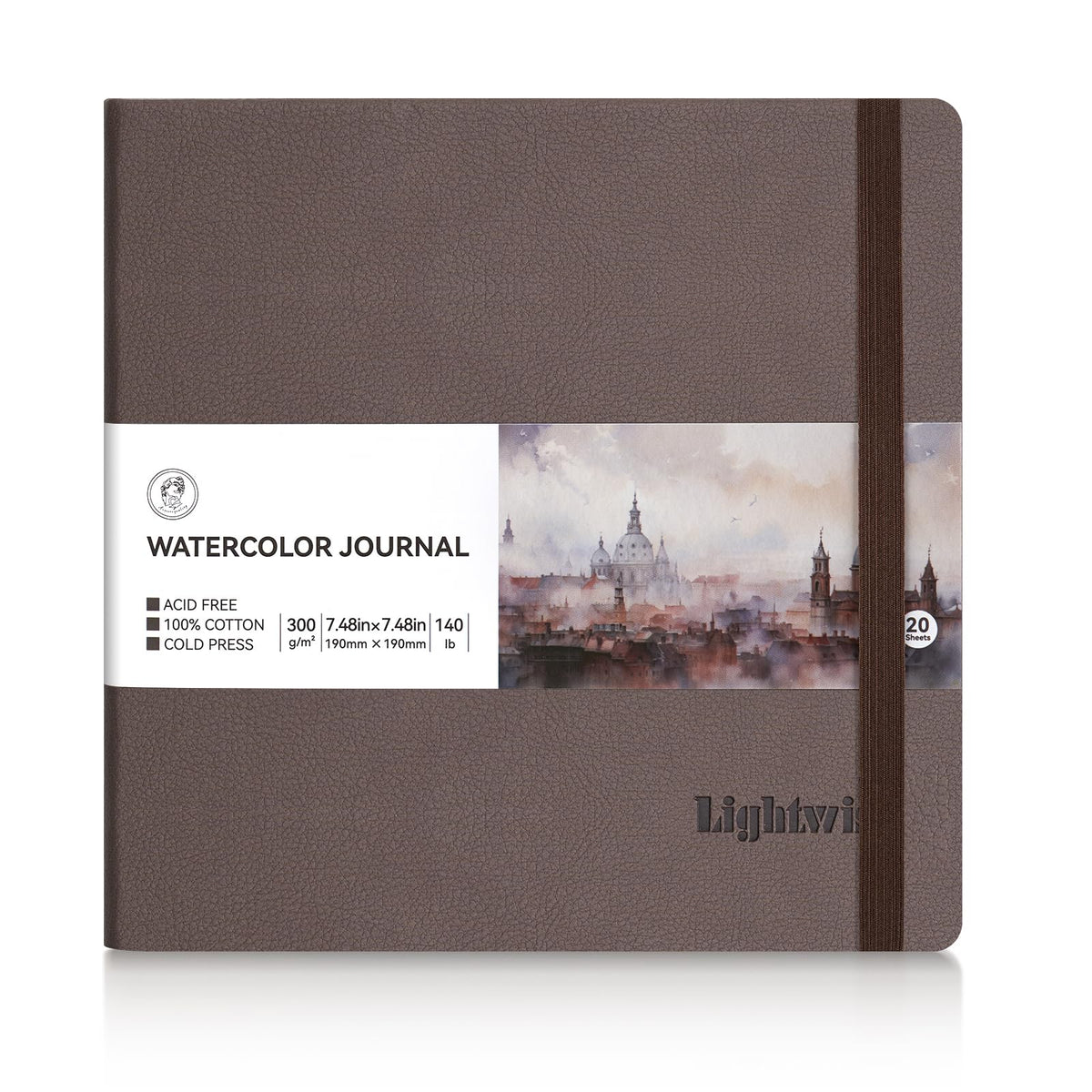 Lightwish Square Watercolor Journal, 100% Cotton Hot Press Watercolor Paper Sketchbook 7.48” x 7.48”, 20 Sheets (140lb/300gsm), Acid-Free for Watercolors, Gouache, Acrylics