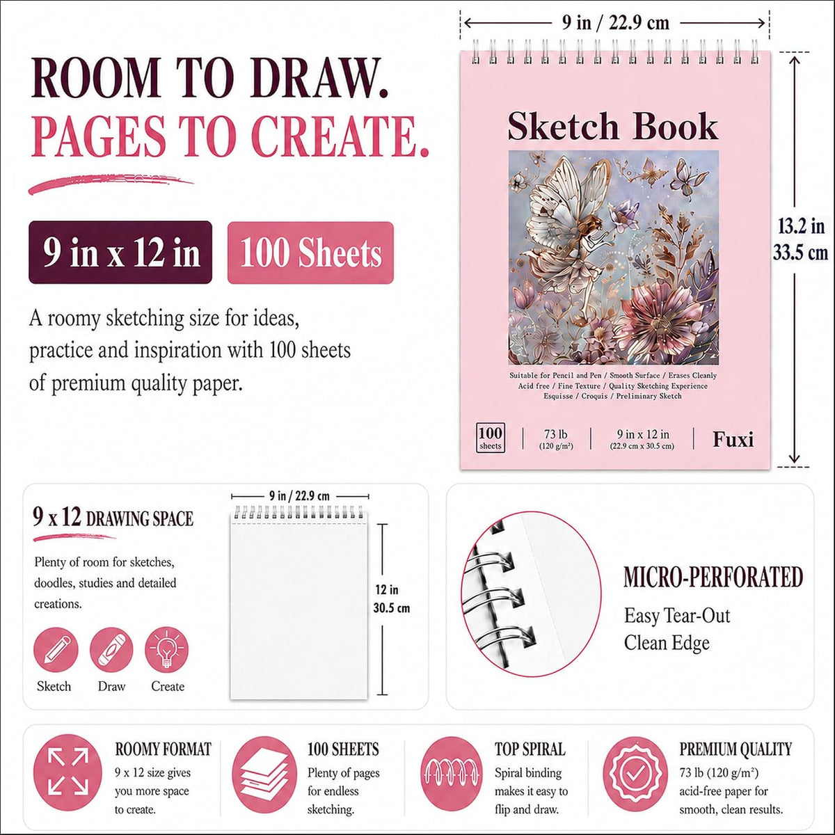 Fuxi Sketch Book for Girls 9x12, Cute Pink Sketchbook, 120gsm Thick Paper