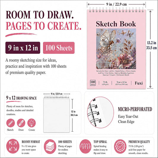 Fuxi Sketch Book for Girls 9x12, Cute Pink Sketchbook, 120gsm Thick Paper