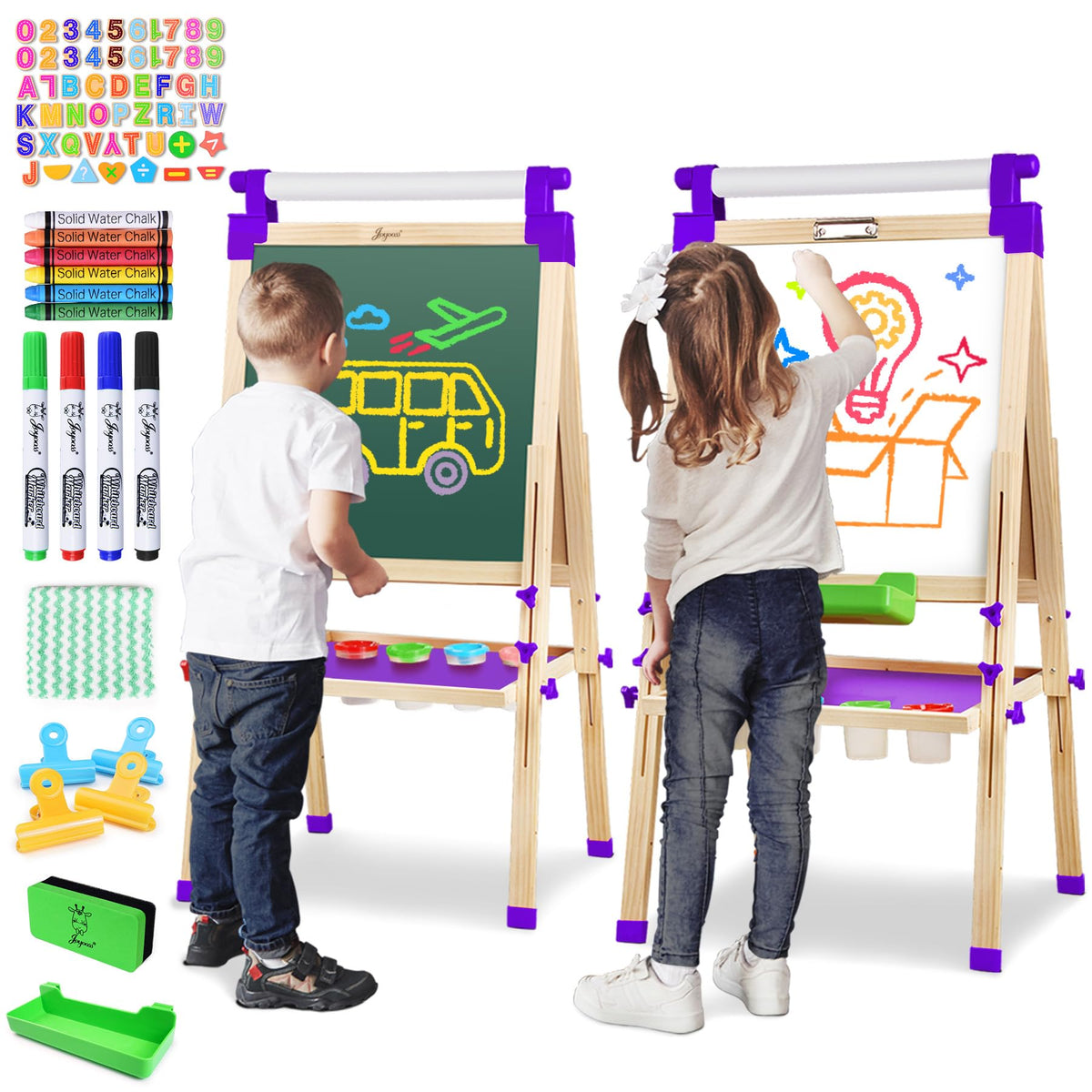 JOYOOSS Kids Wooden Easel with Paper Roll - Adjustable Magnetic Double Sided Drawing Board Whiteboard & Chalkboard Dry Easel Board,Children Art Easel for 3~12 Years Kids Boys Girls Painting Drawing