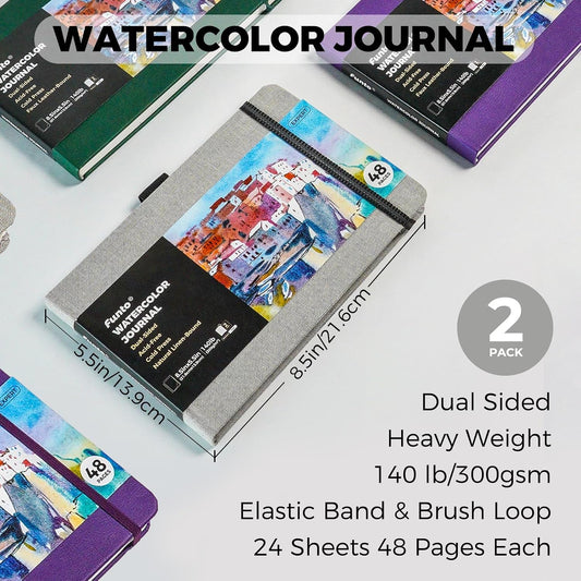 Funto Hardcover Watercolor Journal 2-Pack, 8.5x5.5, 140lb/300gsm Cold Press