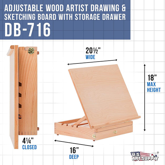 U.S. Art Supply Large 20-1/2" x 16" Wooden Drawing Board Adjustable