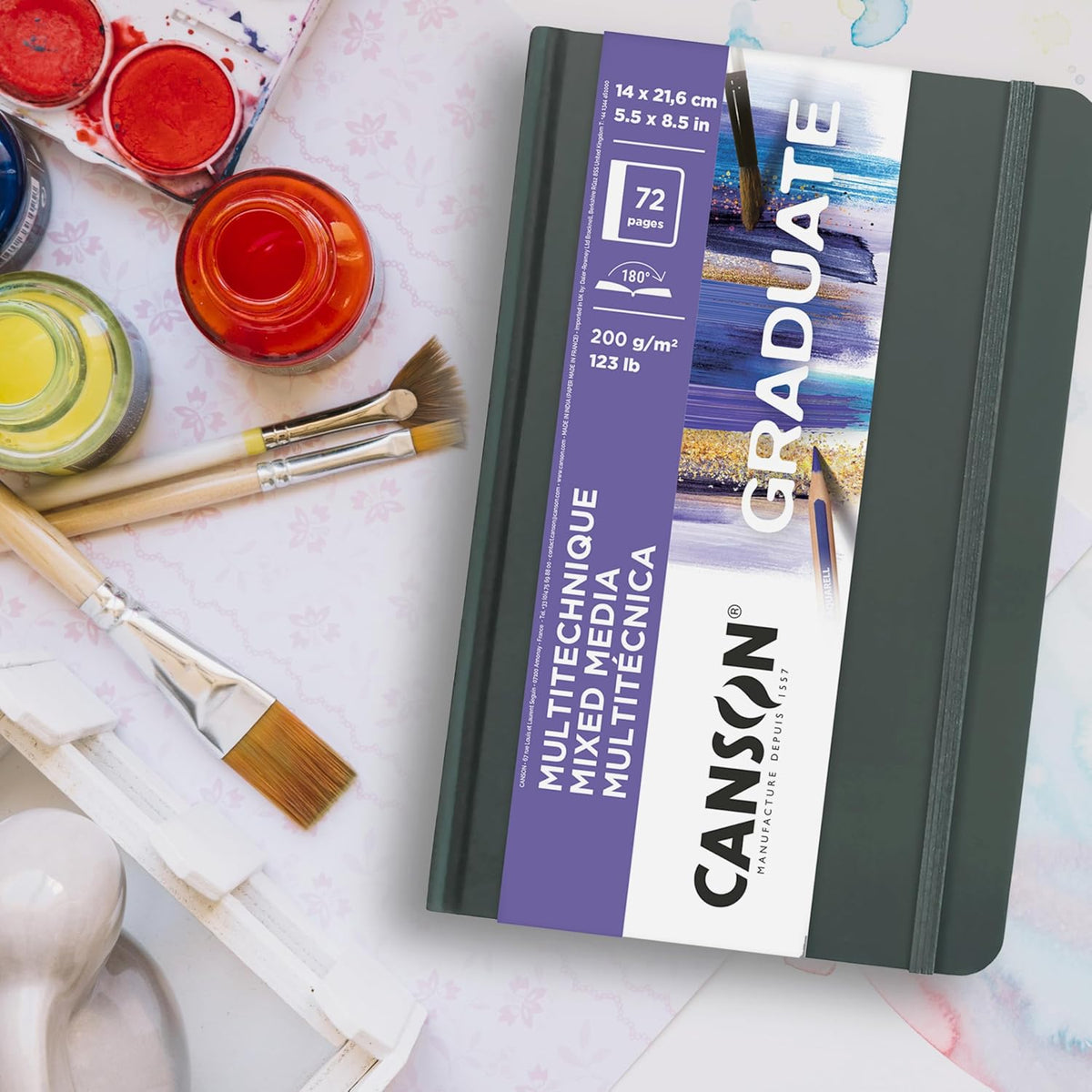 Canson Graduate Mixed Media Paper, Hard Cover Art Journal, 5.5x8.5 inches, 36 Sheets — Artist Paper for Collage, Watercolor, Ink, Pencil, Marker