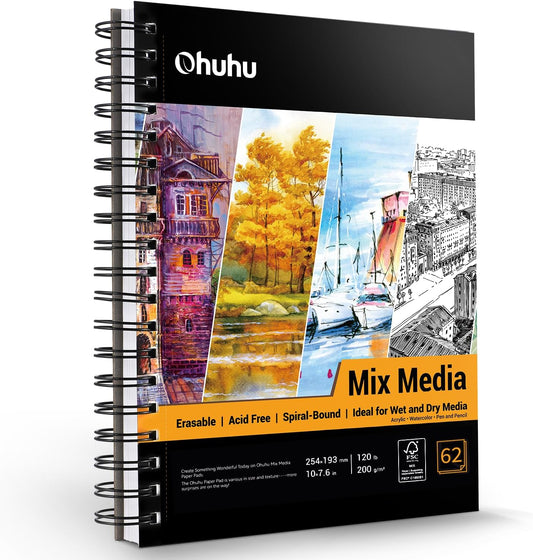 Ohuhu 7"x10" Mix Media Pad Art Sketchbook 62 Sheets for Painting Drawing