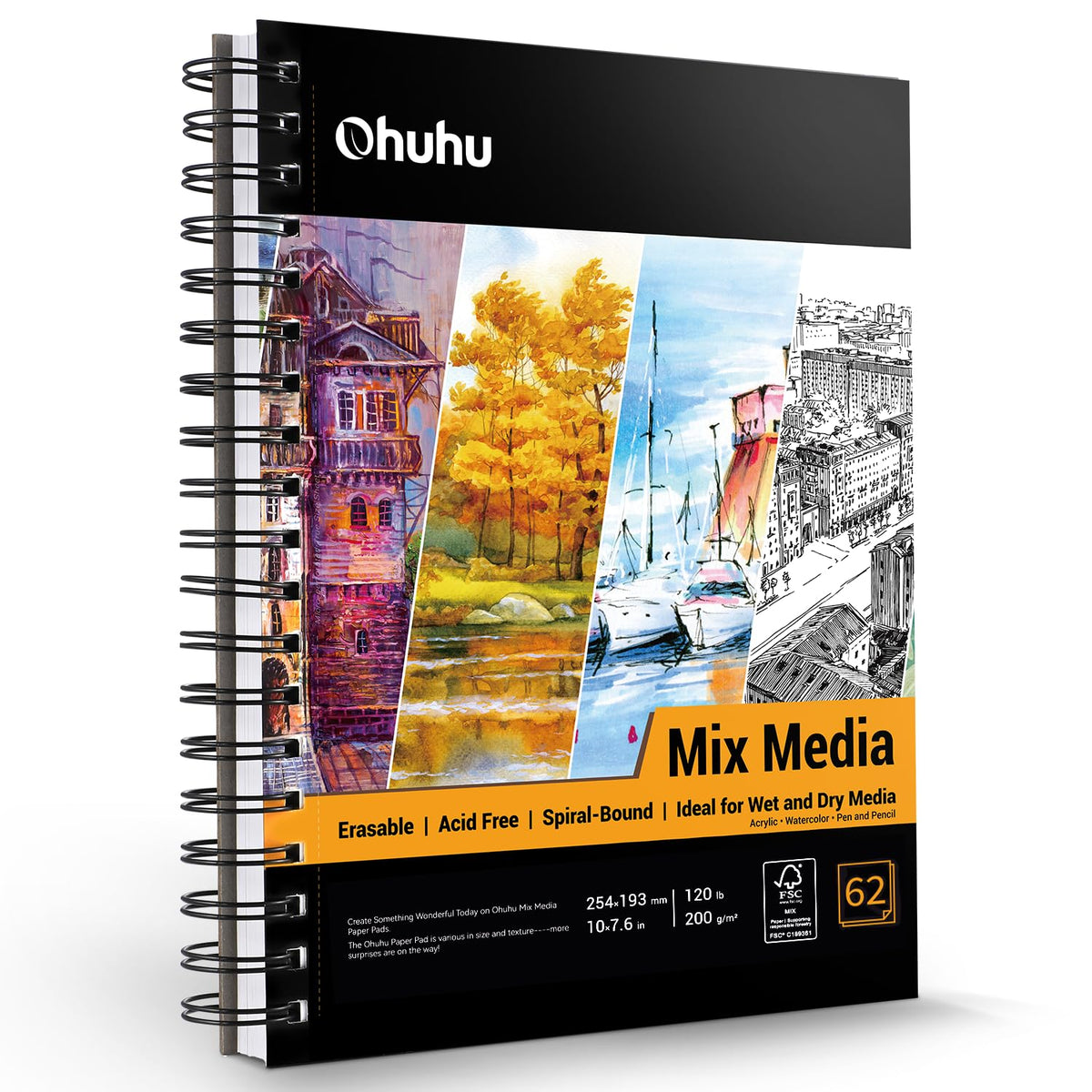 Ohuhu 7"x10" Mix Media Pad Art Sketchbook 62 Sheets for Painting Drawing