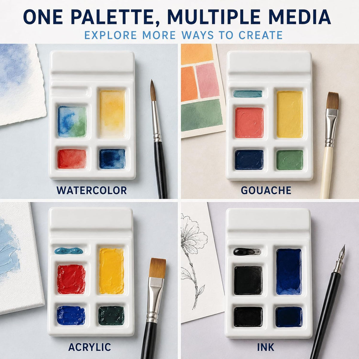 2 Pack Mini White Ceramic Paint Palette with Brush Rest