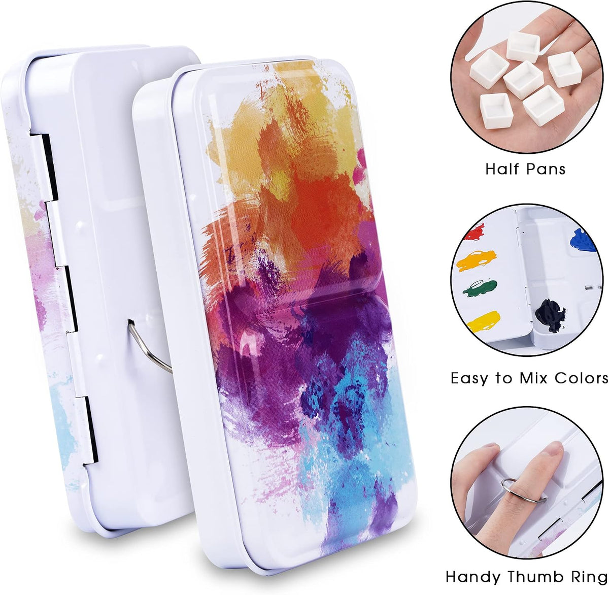PEVART Empty Watercolor Paint Palette, Metal Box Mixing Palette Case with 50 Water Color Half Pans and Fold-Out Palette Tin Paint Tray Travel Watercolor Set,Acrylic, Gouache, Oil Painting
