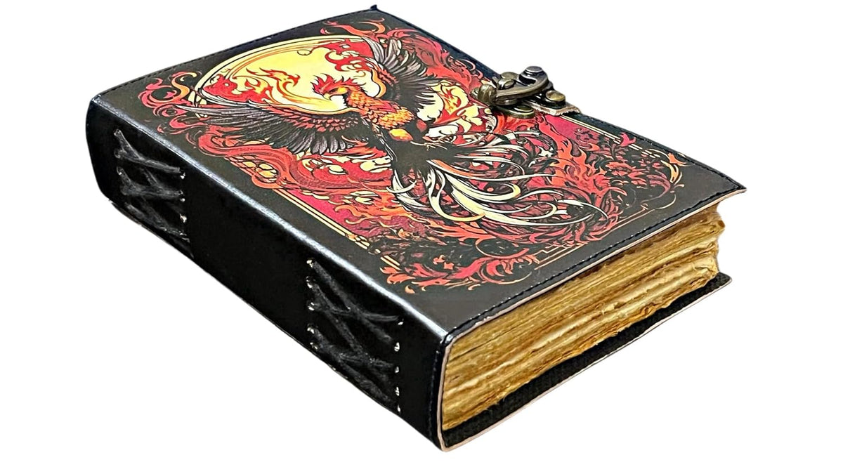 ANSAR HANDICRAFTS The Phoenix Grimoire – Handmade Leather Journal, Blank Spell Book of Shadows, Vintage Junk Journal, Gothic Sketchbook & Notebook with 200 Deckle Edge Pages – Gifts for Him & Her