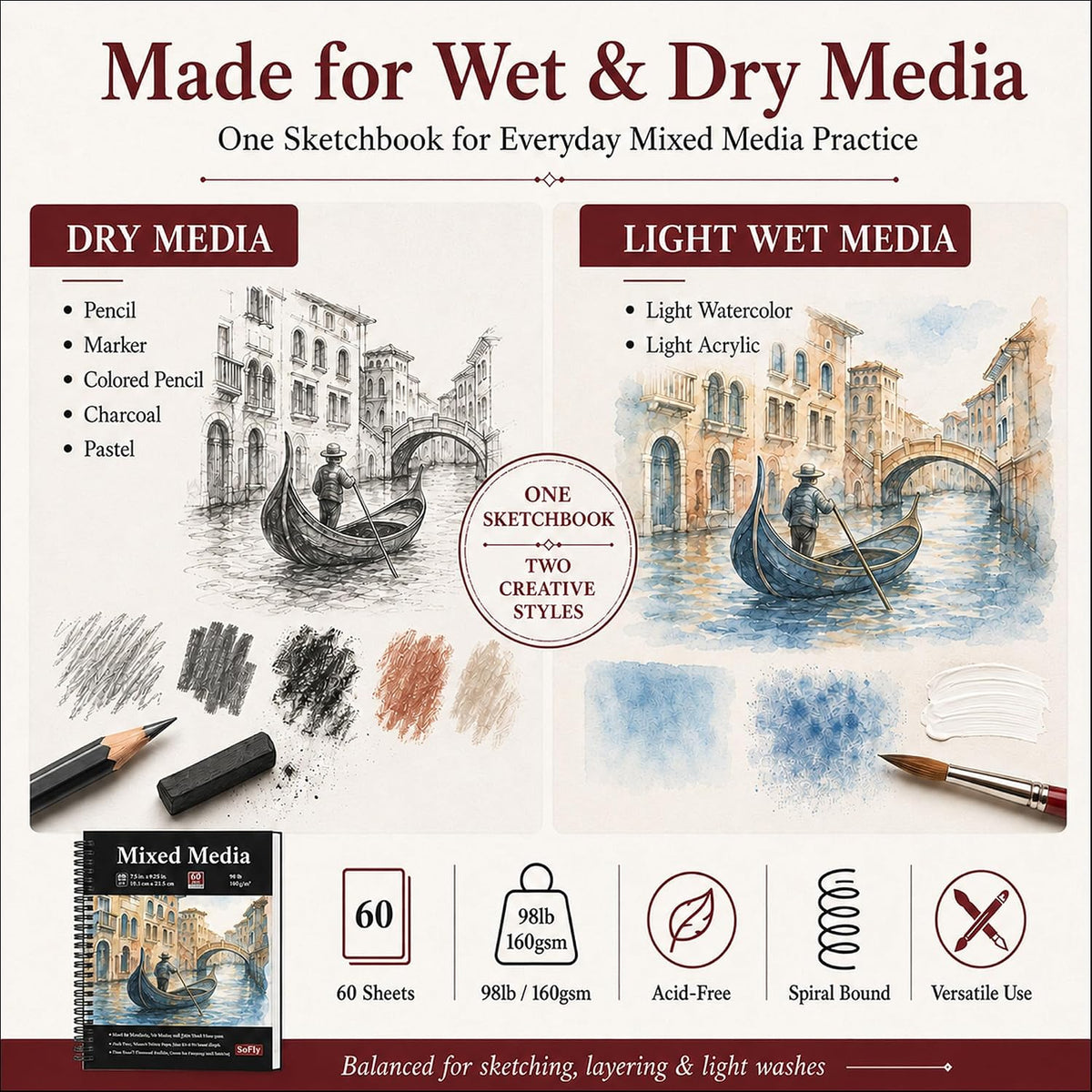 SuFly Mixed Media Sketchbook 9x12, Mixed Media Paper_98lb/160gsm, 60 Sheets