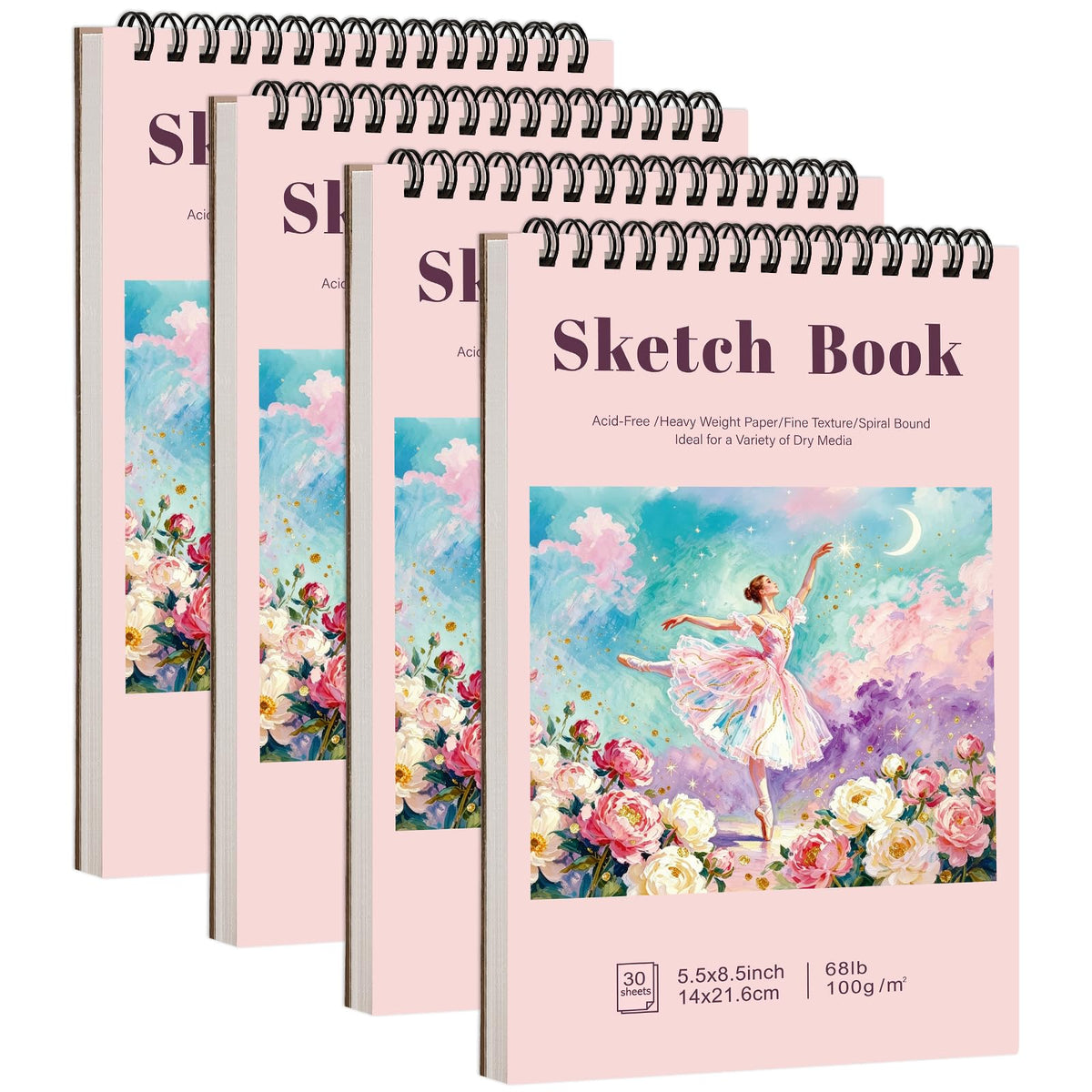 4 Pack Sketch Book for Kids, 8.5 × 11 in, Spiral Bound, 30 Sheets Each