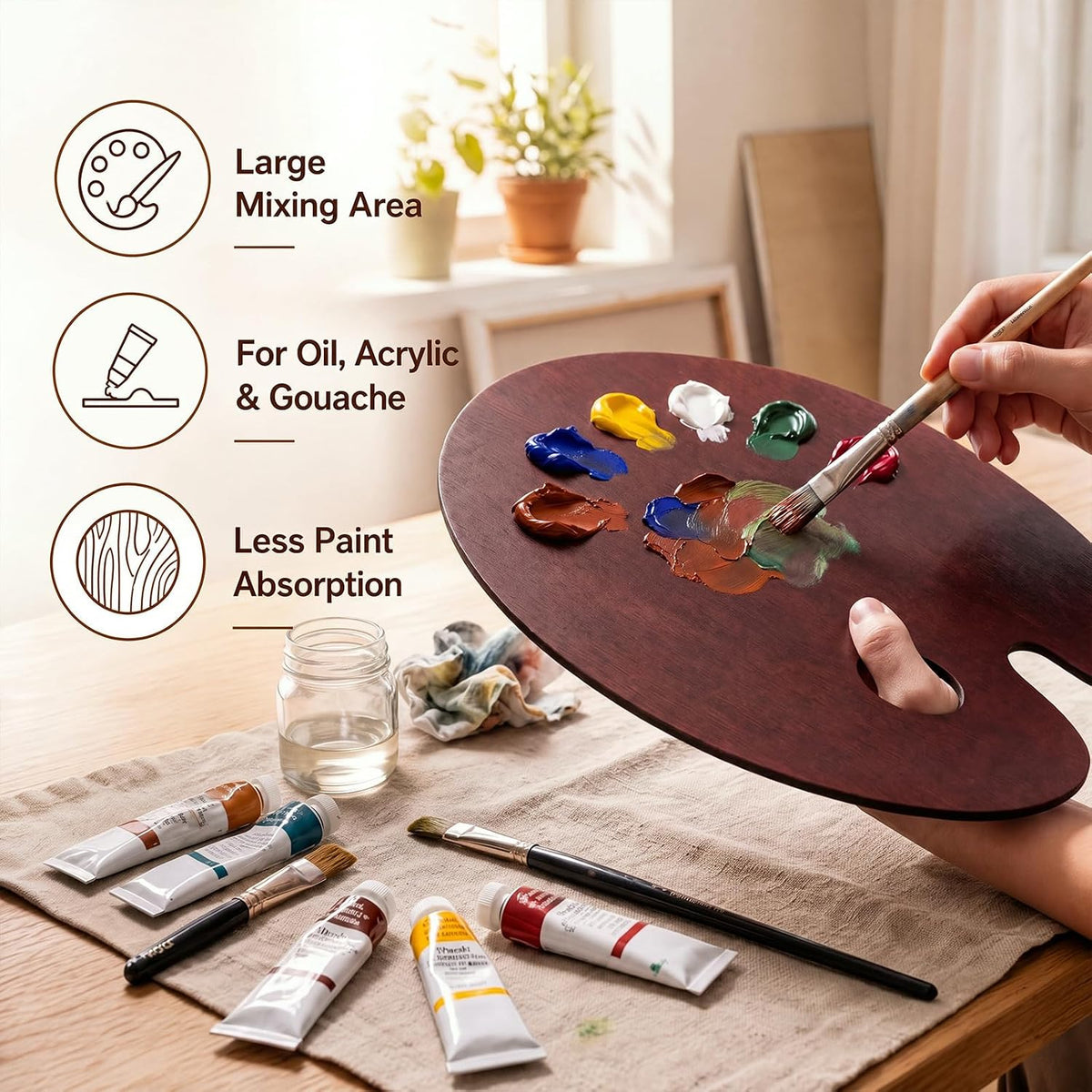 Marspark 2 Pcs Oval Walnut Wooden Paint Palette 16 x 12 Inch Smooth Paint Tray Palettes for Acrylic Double-Sided Glazed Painting Tray for Watercolor Oil Painting DIY Artistic Craft