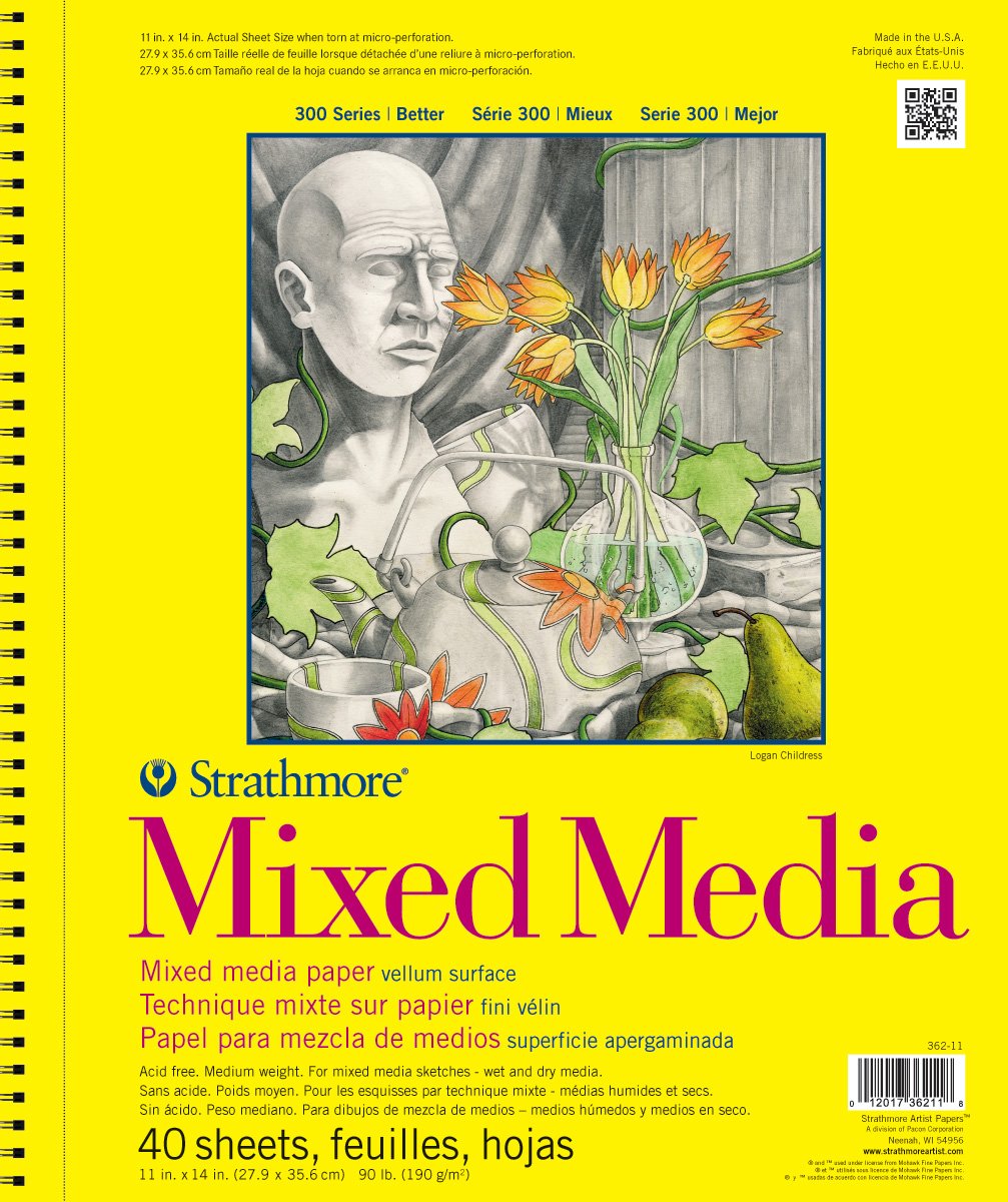 Strathmore 300 Series Wire Bound Mixed Media Pad, 90 lb. Vellum Paper, 9 X 12 inches, White, 40 Sheets (362-9)