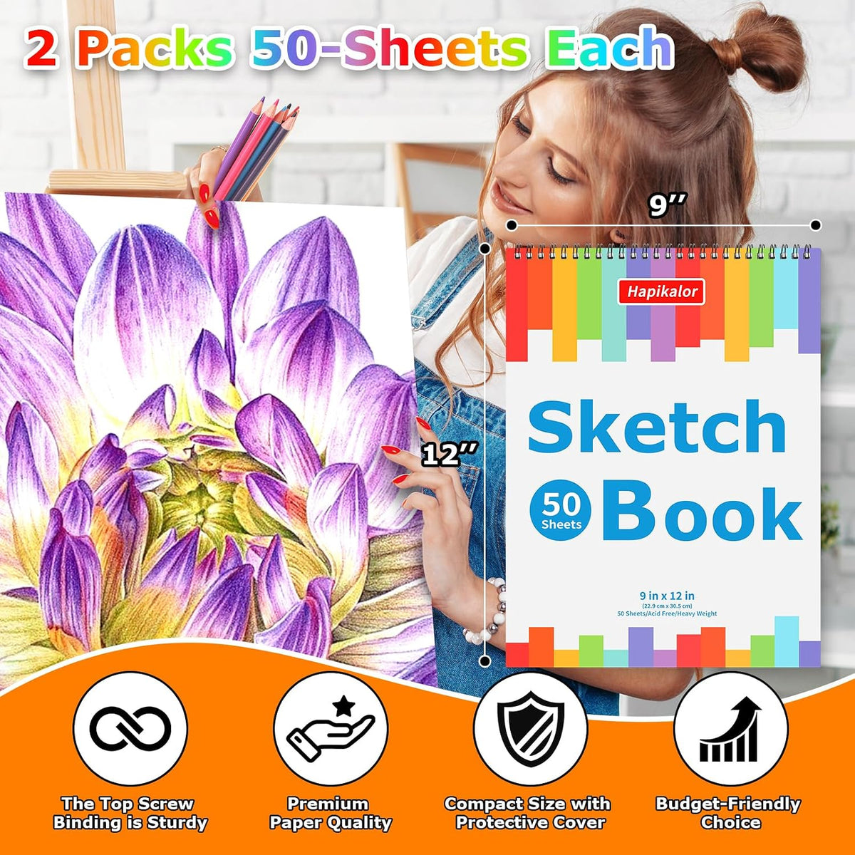Hapikalor 9"x12" Sketch Book, 4-Pack 50 Sheets Spiral Bound Art Sketchbook