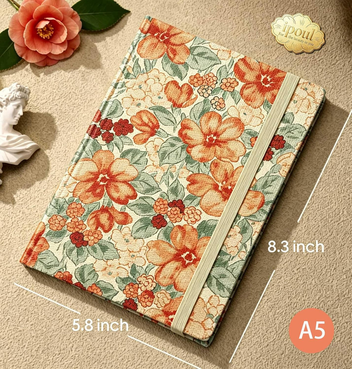 Flower Notebook, Cute Sketchbook, Drawing Journal, Blank Unlined Pages, for Art Drawing, A5, Plain, Hardcover, Gift for Women, Camellia, Orange