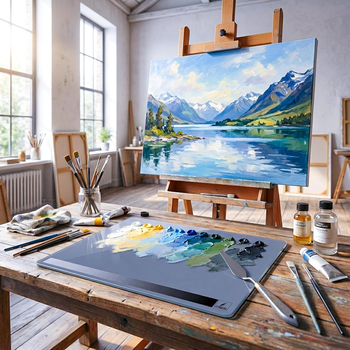 12x16 Inch Tempered Glass Palette for Oil & Acrylic Painting, Neutral Grey with Built-in Value Scale, Water Washable Easy-Clean Surface, Scratch-Resistant Color Mixing Palette