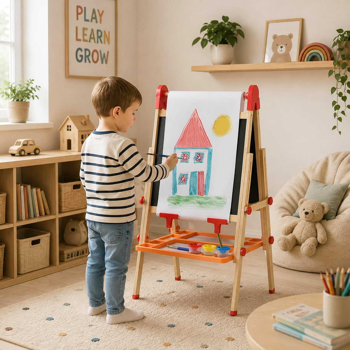 Wooden Art Easel for Kids – Adjustable, Foldable, Chalkboard & Whiteboard