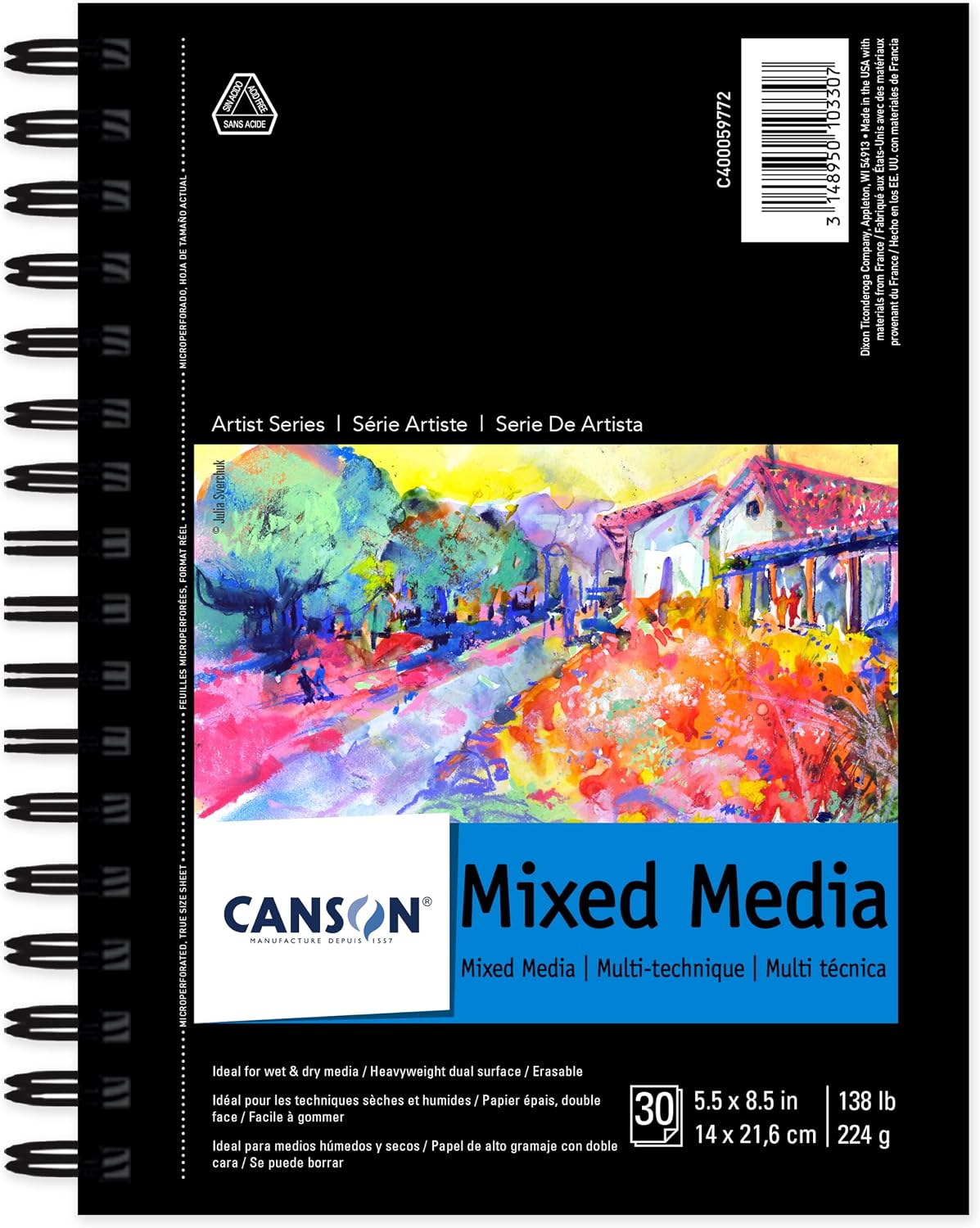 Canson Artist Series Mixed Media Paper, Wirebound Pad, 5.5x8.5 inches, 30 Sheets (138lb/224g) - Artist Paper for Adults and Students - Watercolor, Gouache, Graphite, Ink, Pencil, Marker
