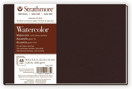 Strathmore 400 Series Watercolor Paper Art Book, Matte Brown Cover, Natural White, Hardbound, 24 Sheets, 8.5x5.5 inch