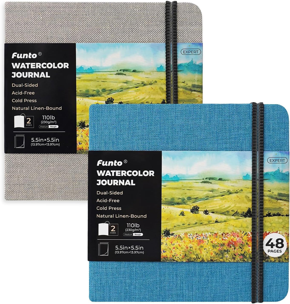 Funto Hardcover Watercolor Journal 2-Pack, 8.5x5.5, 140lb/300gsm Cold Press