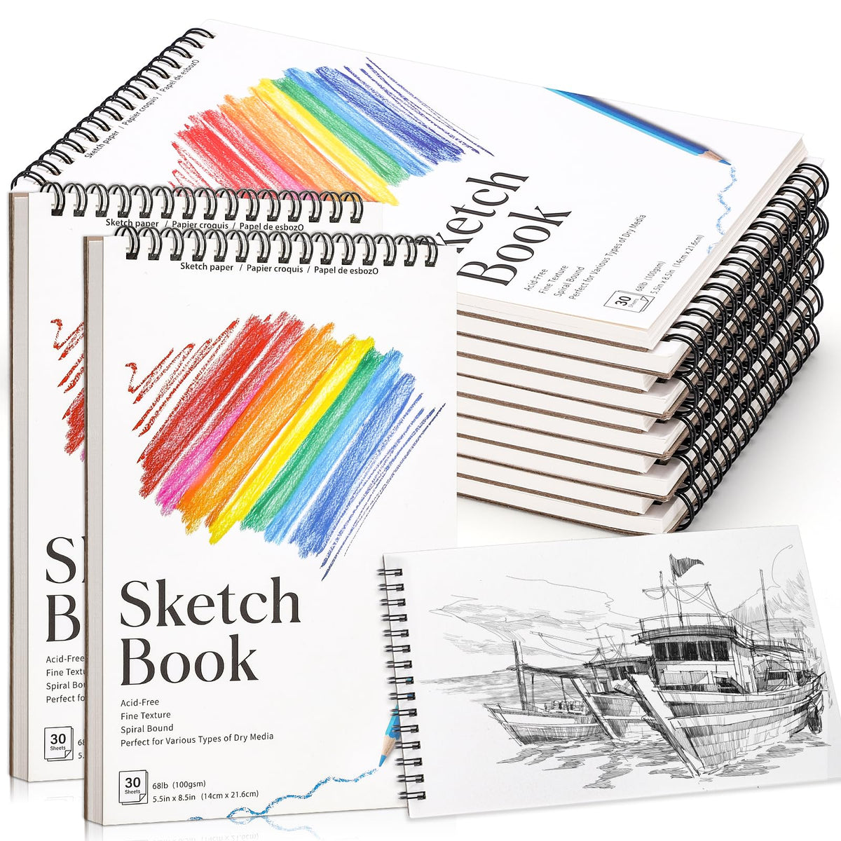 4 Pack Sketch Book for Kids, 8.5 × 11 in, Spiral Bound, 30 Sheets Each