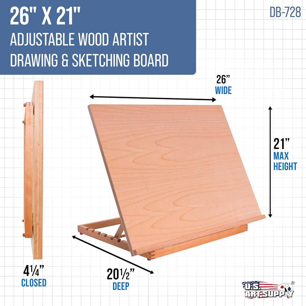 U.S. Art Supply X-Large 26" x 21" Wooden Drawing Board, Adjustable