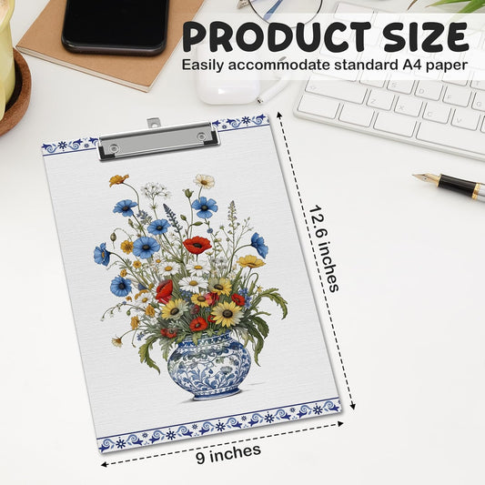 Floral Clipboard, Vintage Blue Clipboards with Low Profile Clip for Office School Use, Chinoiserie Wooden Clip Boards for Nurses Teachers Students - A09