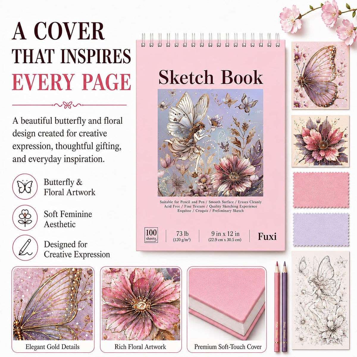 Fuxi Sketch Book for Girls 9x12, Cute Pink Sketchbook, 120gsm Thick Paper