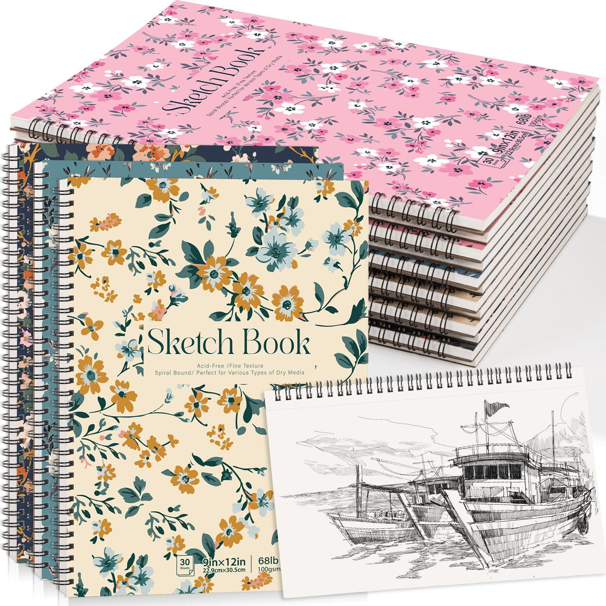 4 Pack Sketch Book for Kids, 8.5 × 11 in, Spiral Bound, 30 Sheets Each