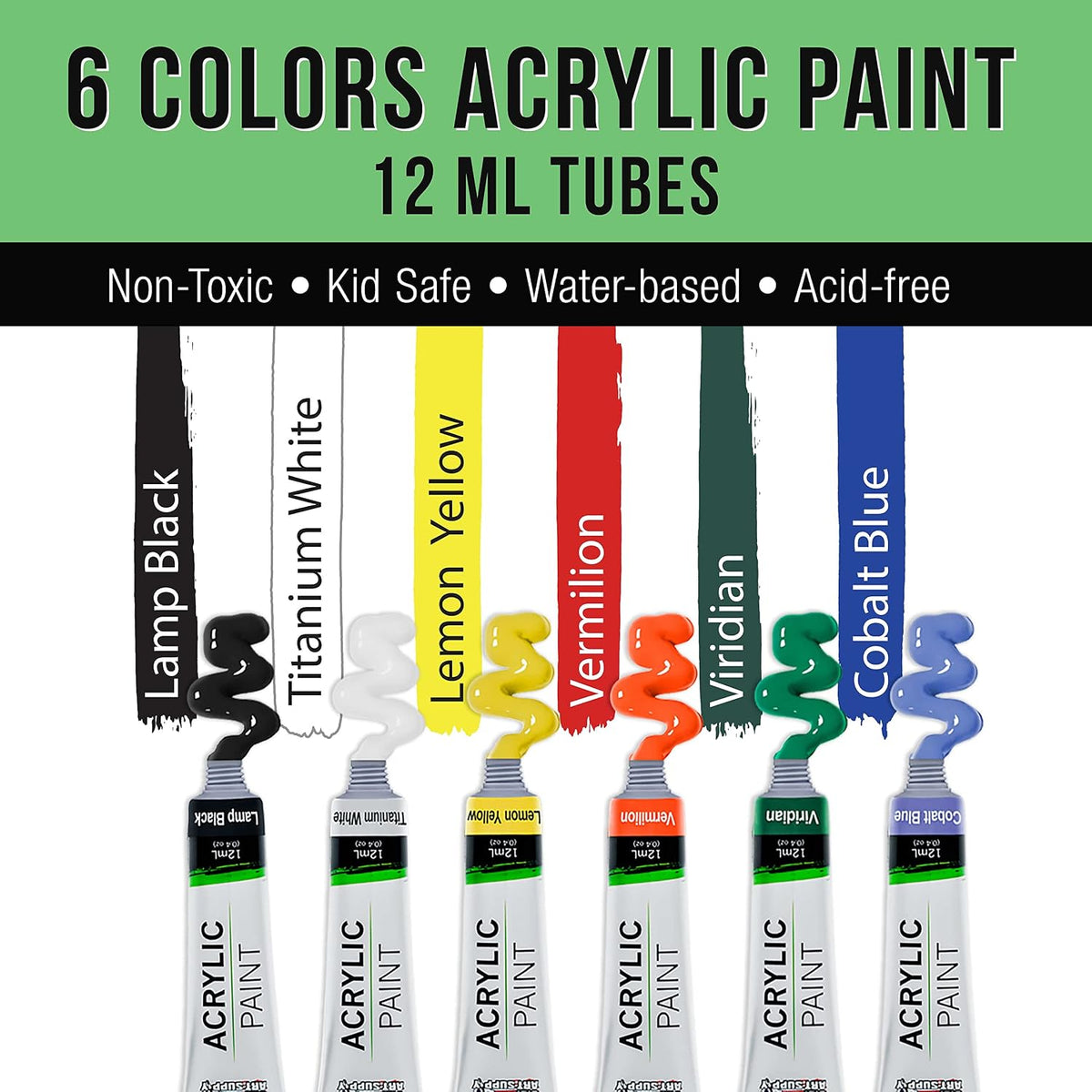 U.S. Art Supply Wood Painting Palette Set with 6-Piece Acrylic Paint Tubes