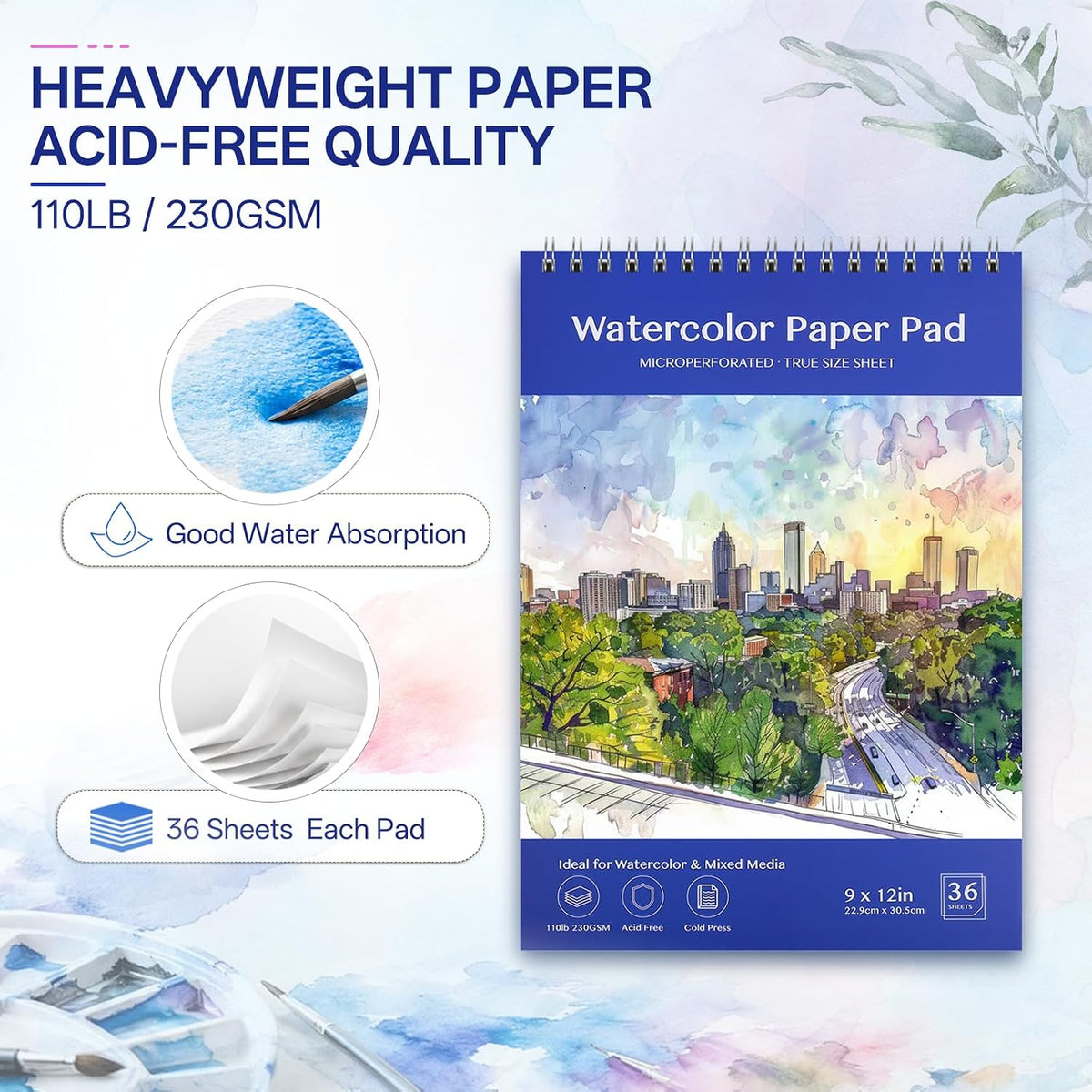 Beznh Watercolor Paper Pad 9x12 Watercolor Sketchbook 110lb/230G 36 Sheets